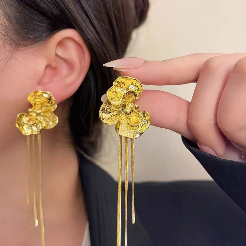 锕芙佳朵~浪漫法式复古金属花朵流苏长款耳环 小众仙气质度假耳饰