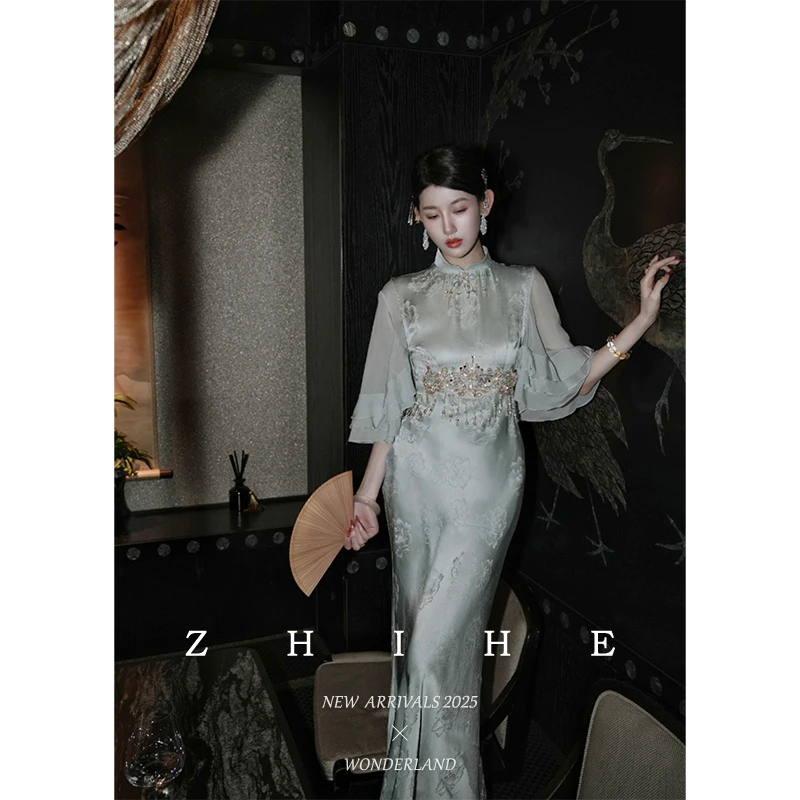 无艳一禾【幽蓝公主】木耳边上衣+100人丝提花水晶流苏连衣裙