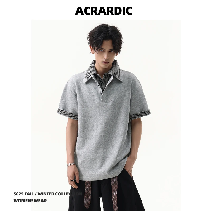 ACRARDIC挺括设计感格纹翻领假两件Polo衫男美式复古休闲短袖T恤