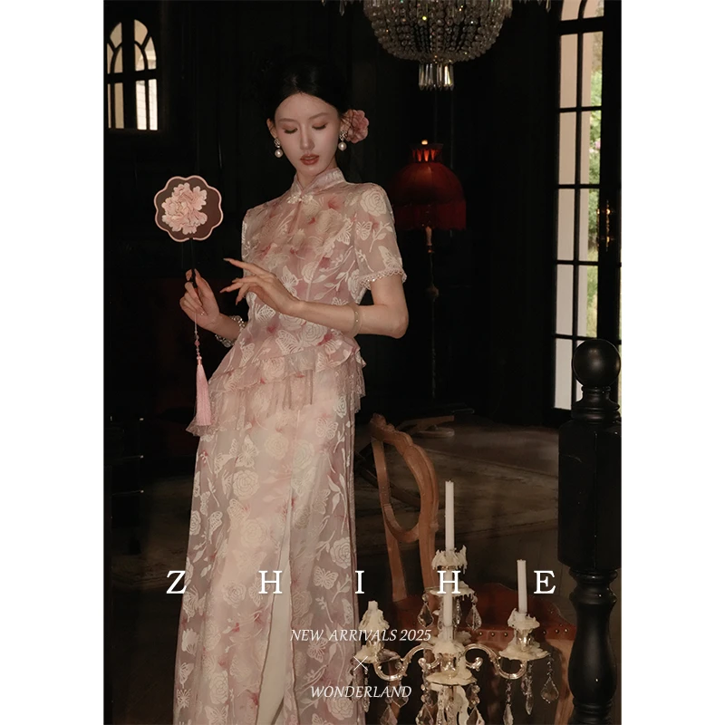 无艳一禾【浣花影】新中式原创100人丝提花连衣裙+裤子