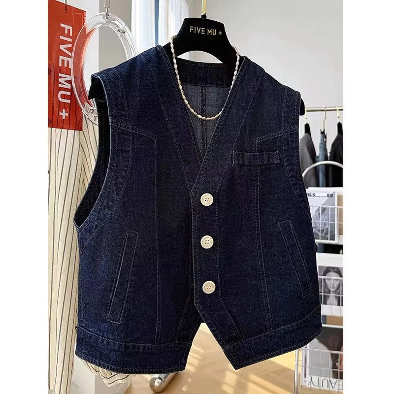 高级感复古V领牛仔马甲女夏季时髦洋气外穿短款无袖坎肩背心外套
