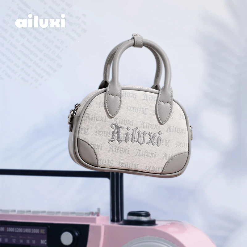 【直播专享】爱路喜包包女时尚小众灰色复古波士顿保龄球包斜挎小包