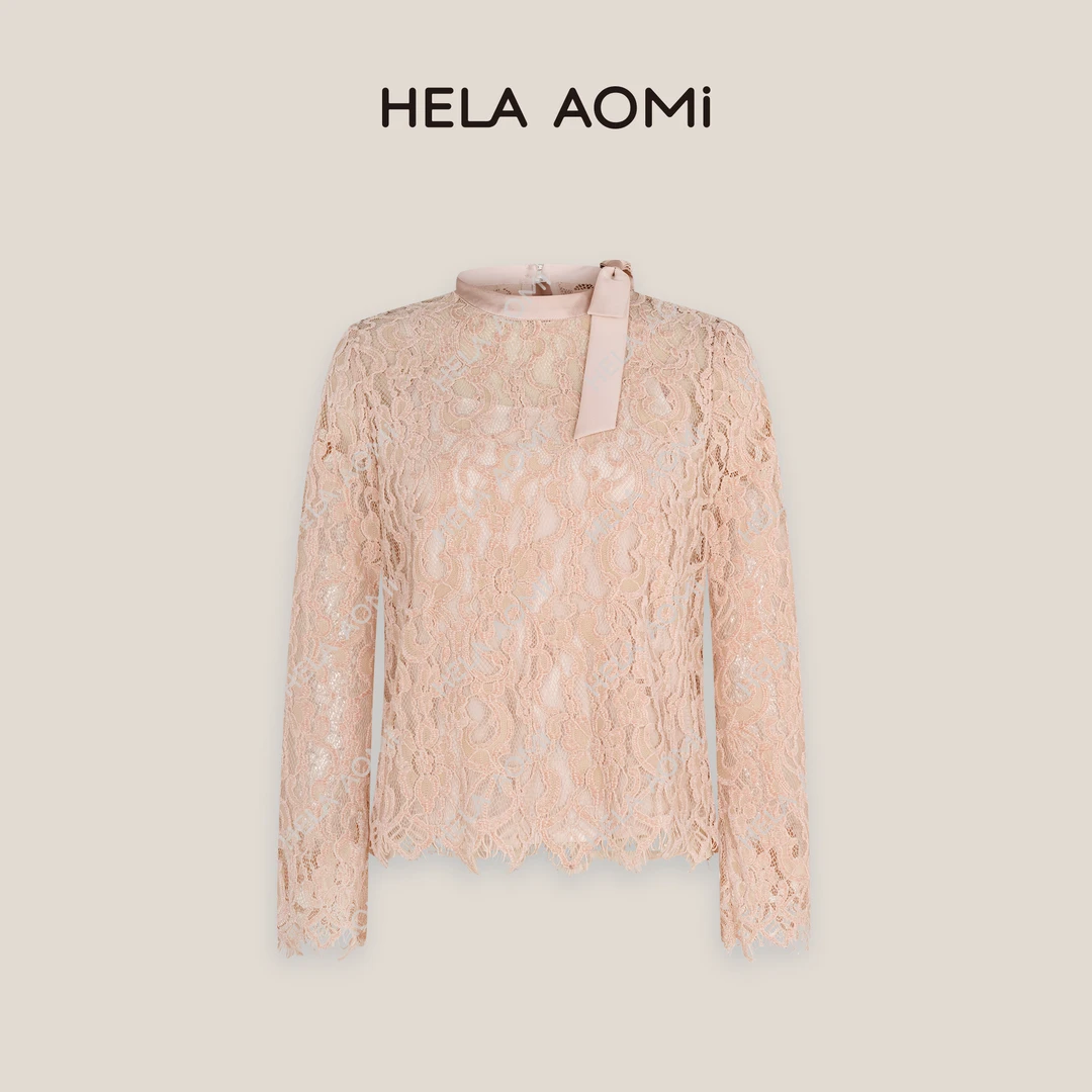 HELAAOMI “半夏山茶”复古蕾丝镂空设计感飘带长袖衬衫CY4DQ11207