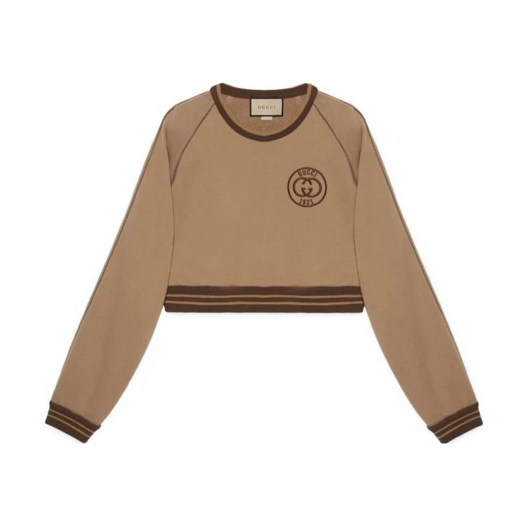 未使用 GUCCI/古驰 撞色条纹滚边圆领短款卫衣 女款 深米色