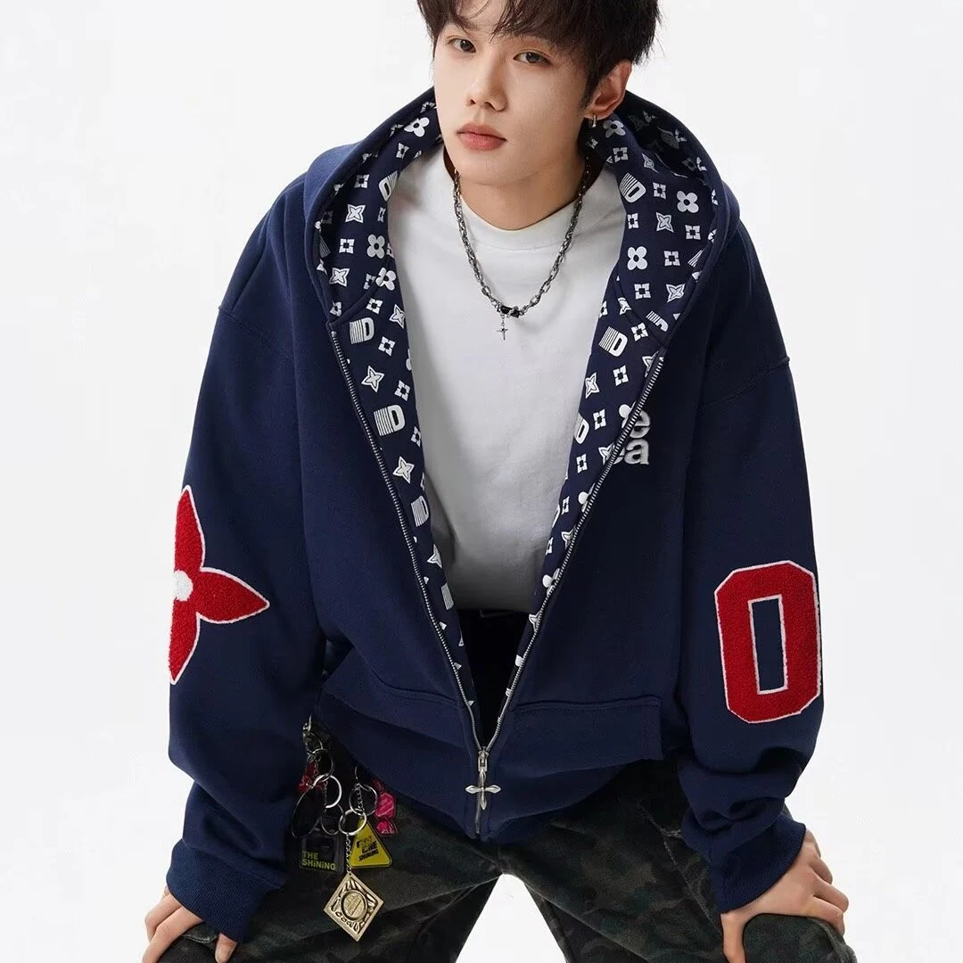 稻草人新款春秋季男士外套开衫潮流时尚休闲百搭印花宽松复古连帽