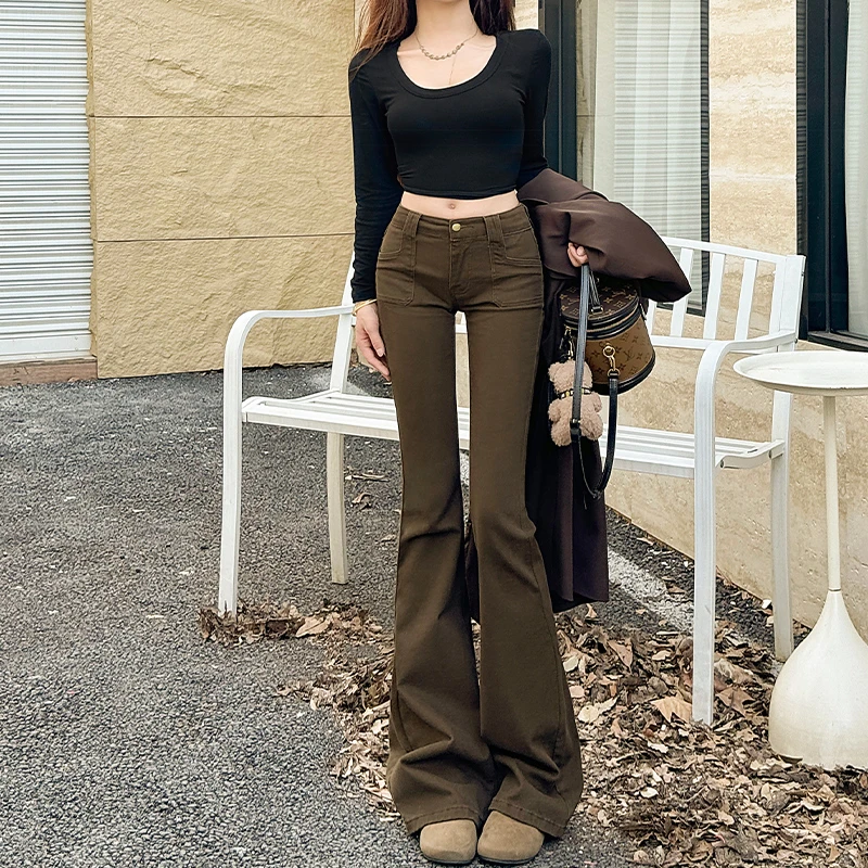 咖色微喇叭牛仔裤女低腰2025春季新款显瘦显高修身设计感爆款百搭