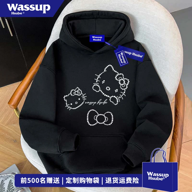 WASSUP HSUBE小众凯蒂猫印花连帽卫衣男女秋冬潮牌情侣装上衣