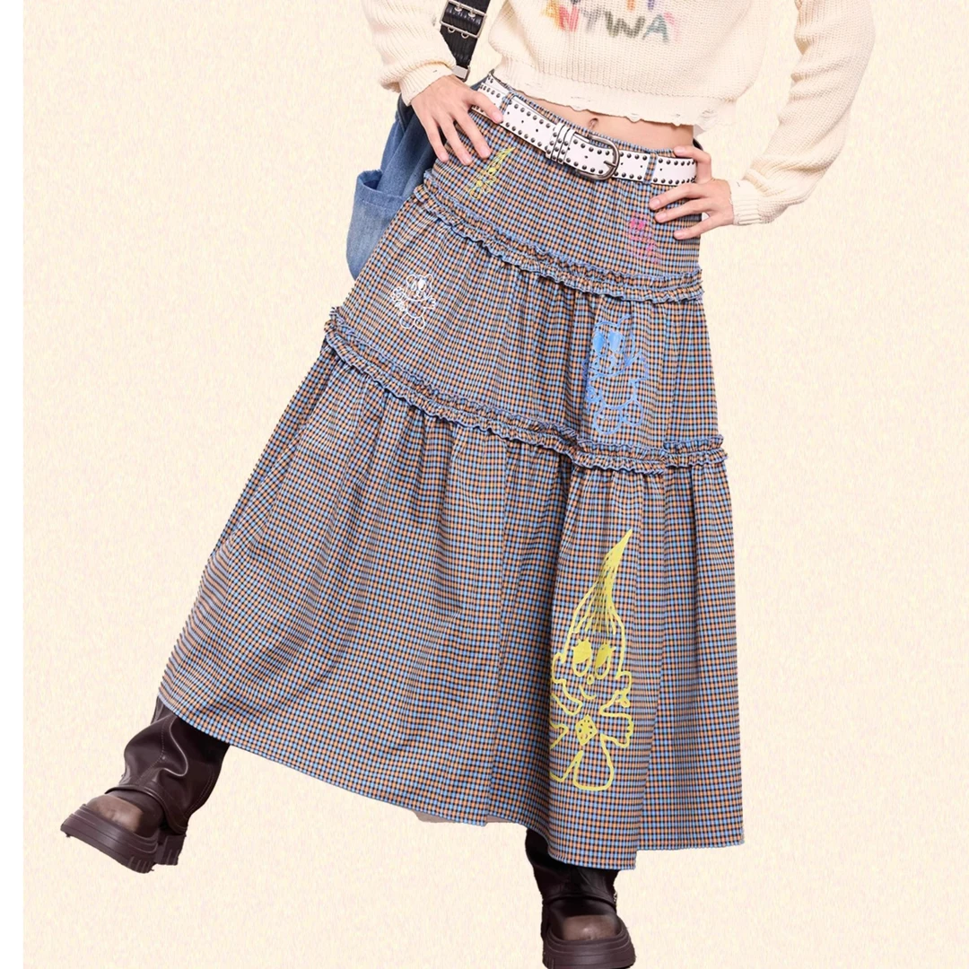 iscreamcolour MOF艺术家原创 格子涂鸦印花花边半裙蛋糕裙长裙