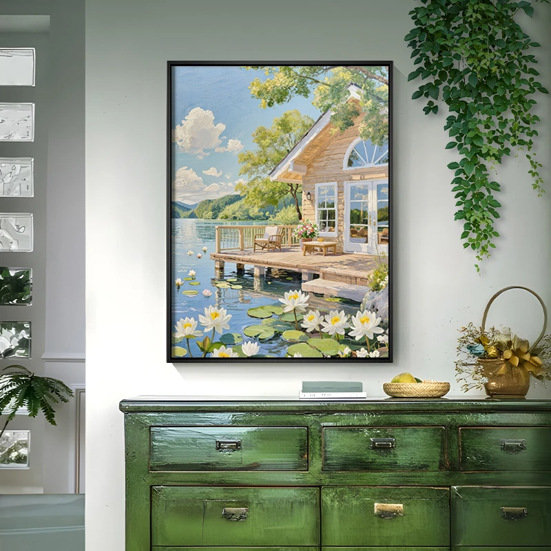 【盈浩】湖光山色手绘油画治愈系手工高级感肌理装饰画客厅风景挂画