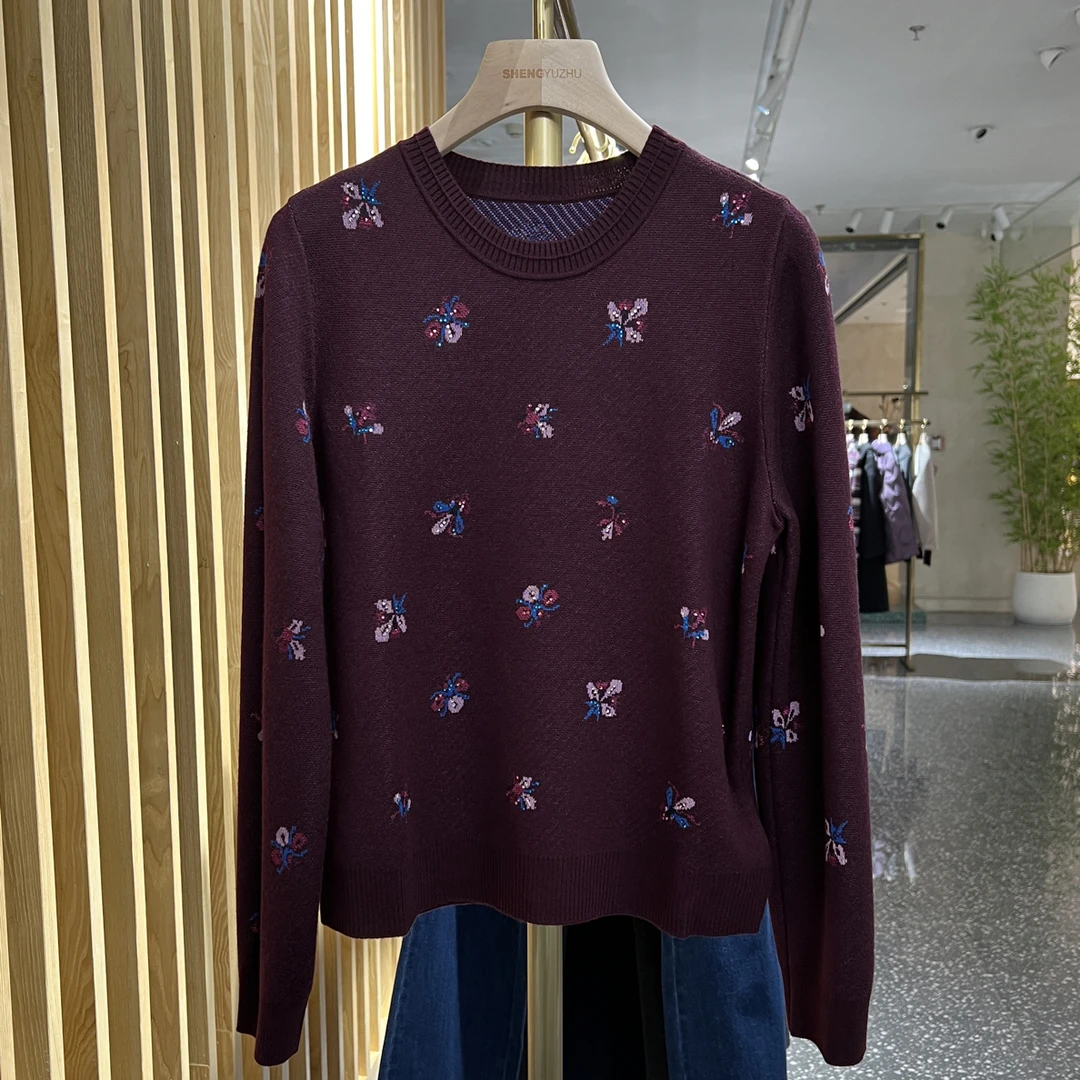 声雨竹1R779冬季短款中国风圆领长袖毛衣紫红色提花潮流打底衫
