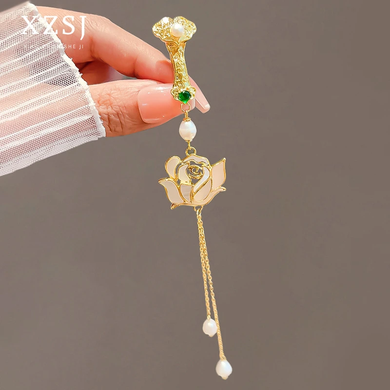 铜贝壳胸针 国风旗袍压襟挂件玫瑰花古典流苏挂饰胸花汉服盘配饰