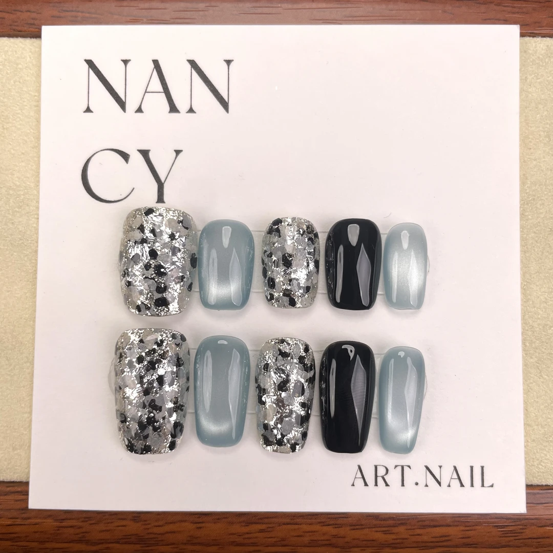 【梦霜】全手工穿戴甲-蓝黑显白高级美甲新款贴片