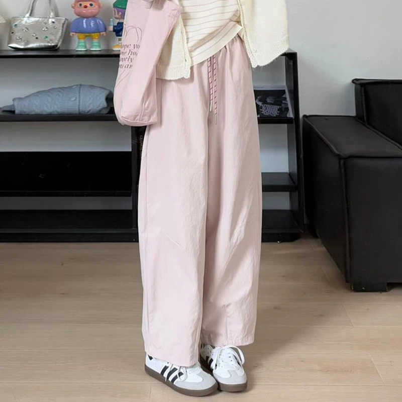 夏季粉色出行百搭休闲裤九分裤女新款松紧高腰阔腿裤宽松灯泡裤