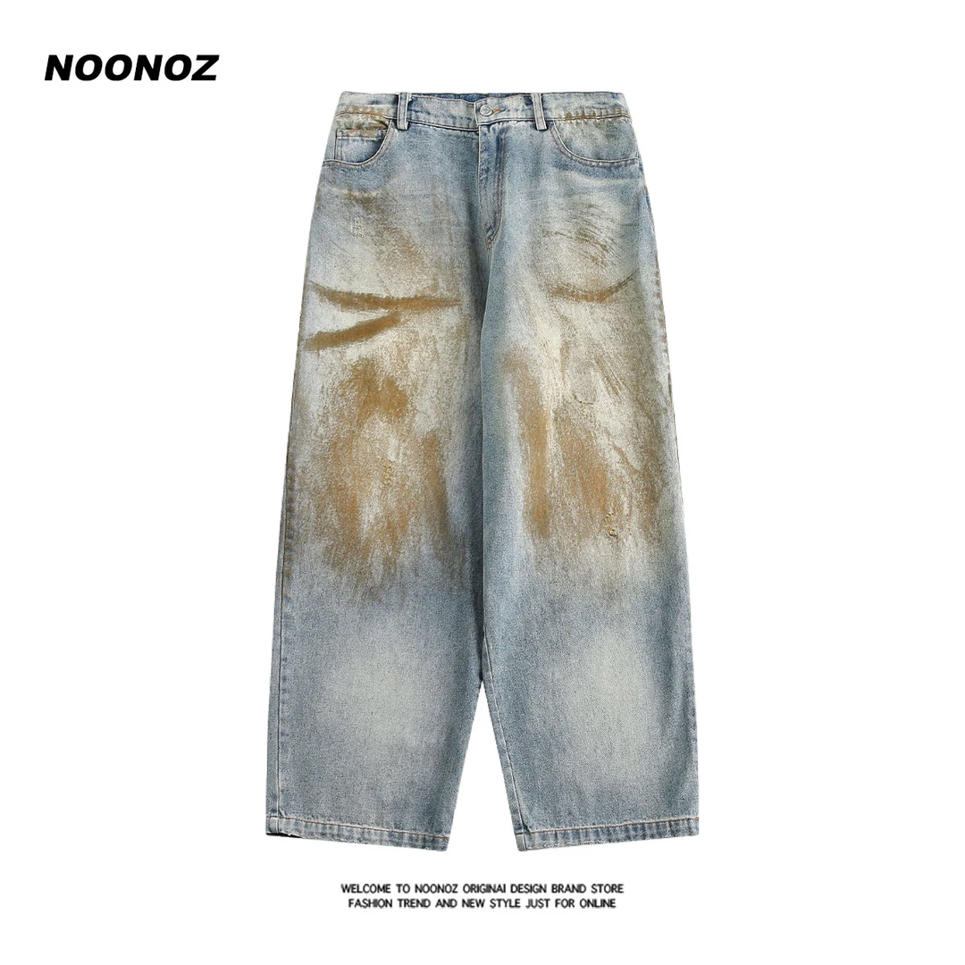 NOONOZ美式复古黄泥染水洗牛仔裤男潮牌宽松直筒显瘦阔腿休闲裤子
