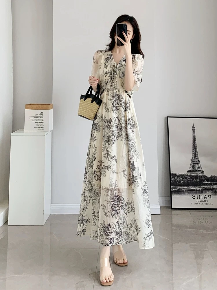 【1101-1200】25年新款气质长裙高级茶歇法式赫本风碎花连衣裙子夏