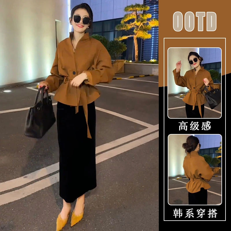 2025秋季韩系时髦老钱风立领小个子系带上衣外套开叉半身裙两件套