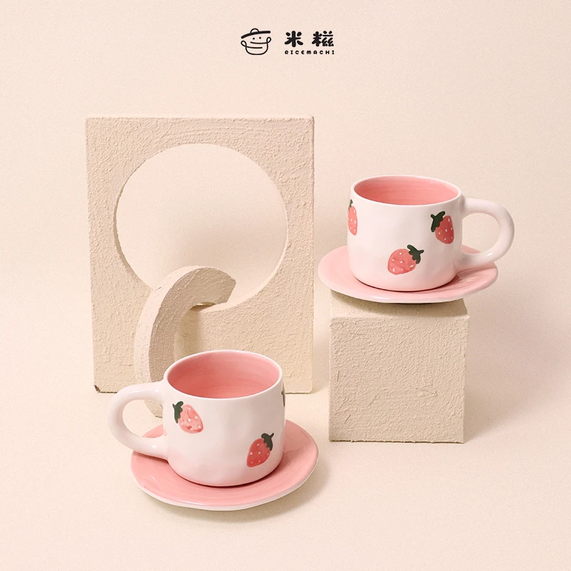 米糍ins风釉下彩粉色草莓咖啡杯碟套装下午茶结婚伴手礼杯子小众