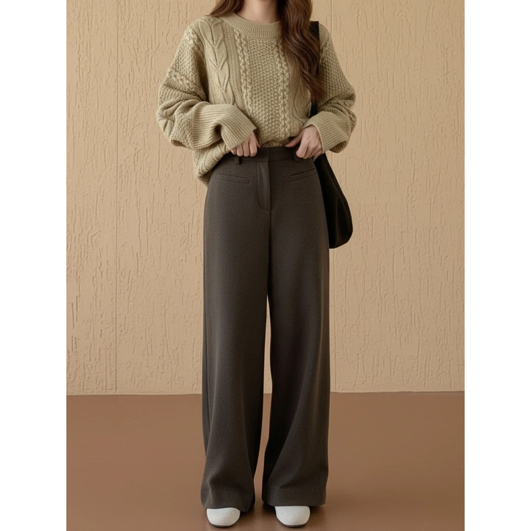 韩系显瘦简约日常百搭通勤磨毛毛呢西裤女士秋冬季高腰休闲长裤