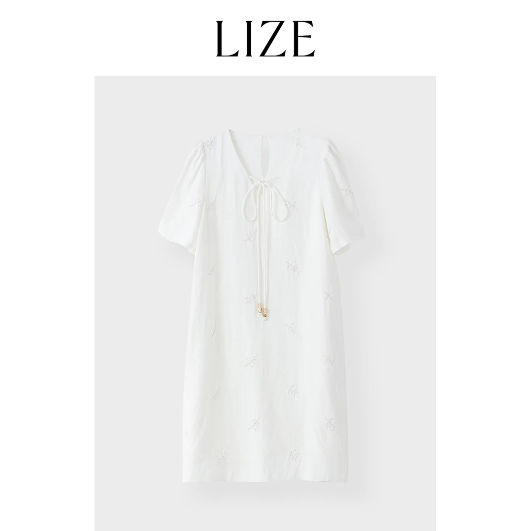 LIZE「槐花初绽」定纺麻料莱赛尔.手工钉珠亮片.重工刺绣连衣裙