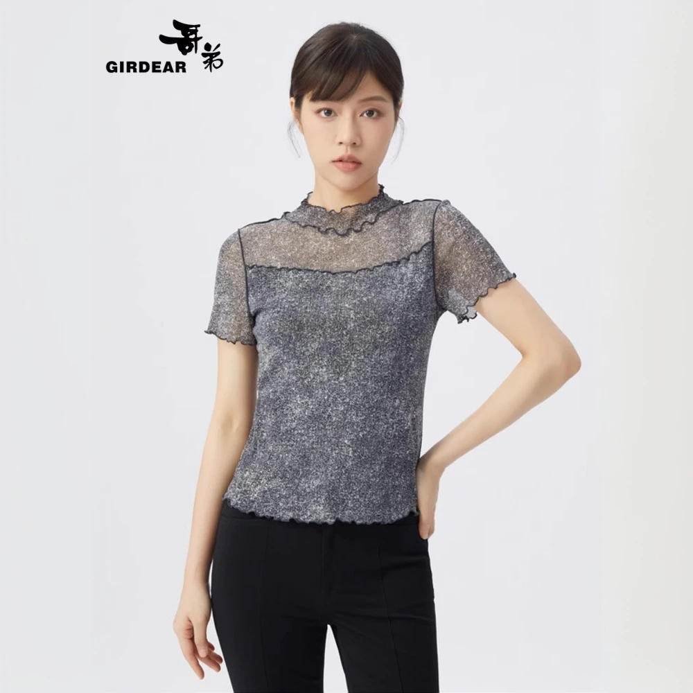 哥弟新款通勤百搭气质时尚显瘦修身短袖t恤女拼接灰色上衣1300643