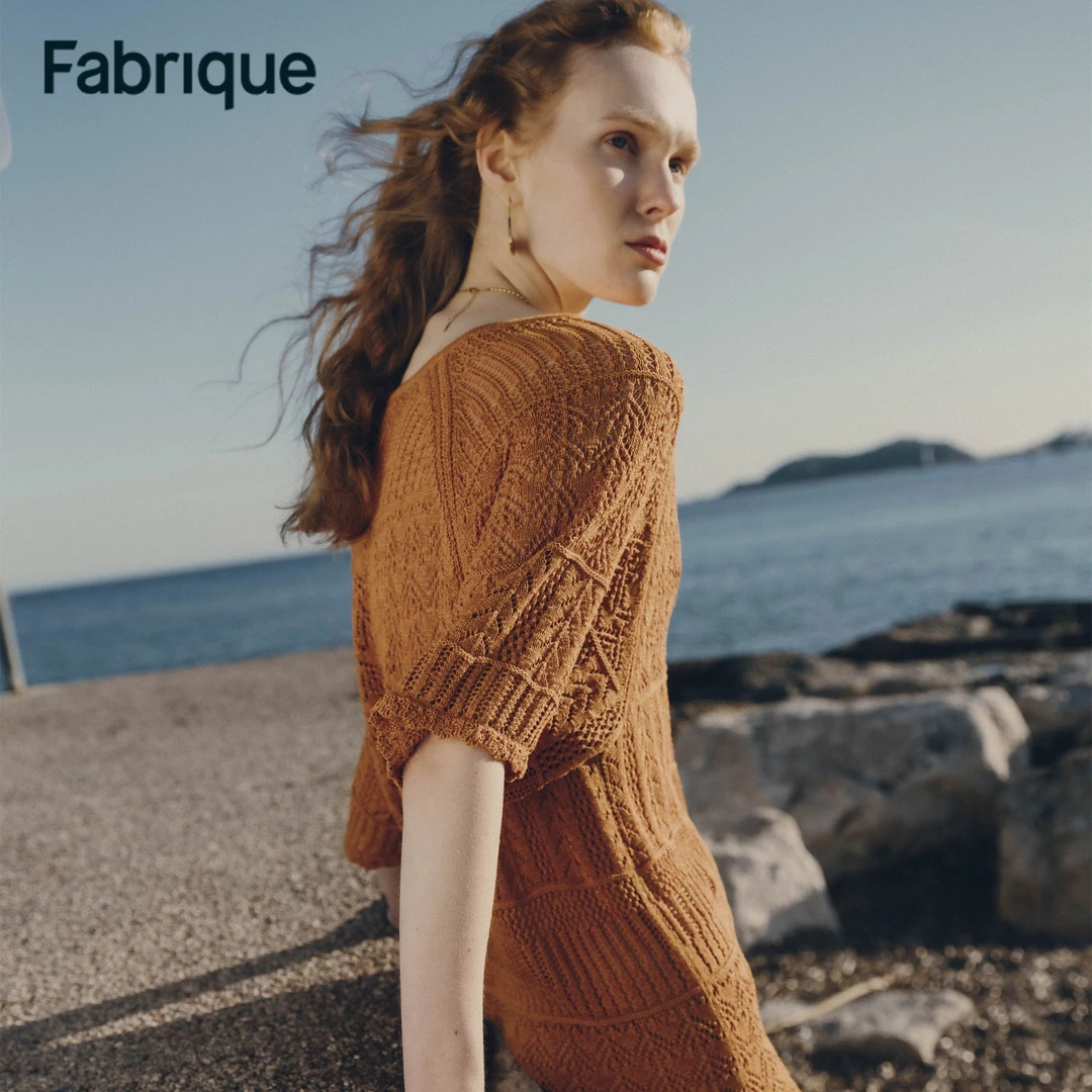 【Fabrique】 Dacia春夏新款脏橘色爱心镂空针织棉麻宽松短袖连衣裙