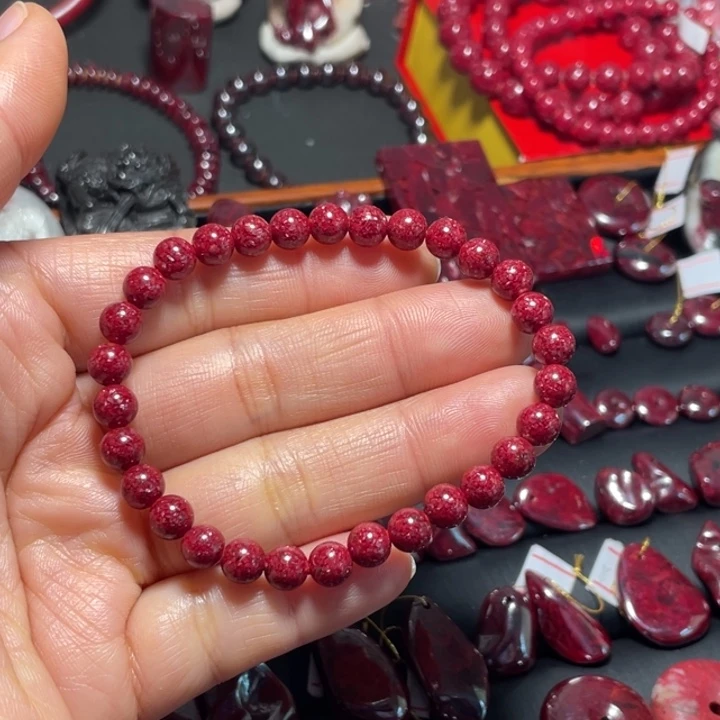 天然辰砂大颗粒晶体压晶透光手链6/30