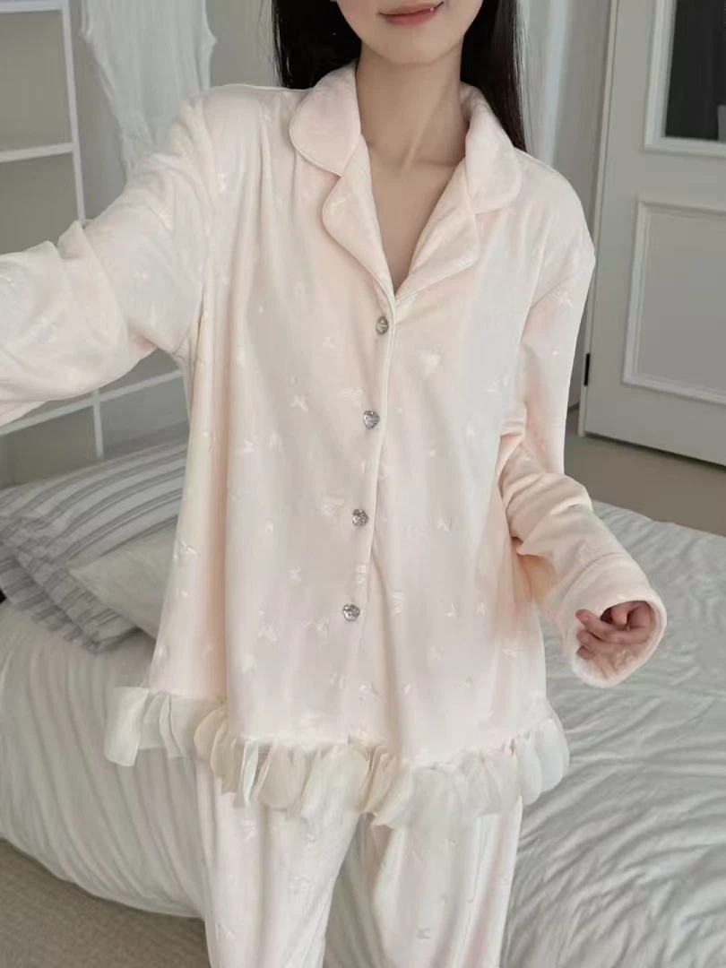 法式睡衣女秋冬新款双面海岛绒纯欲长袖长裤可外穿家居服花边套装