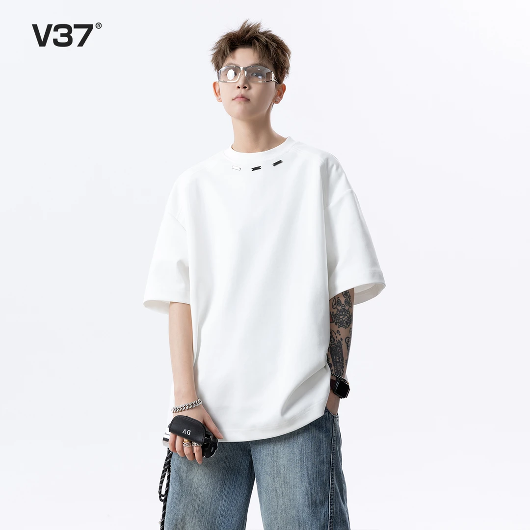 V37白色cleanfit短袖t恤男款2025新款夏季美式重磅纯棉内搭半袖