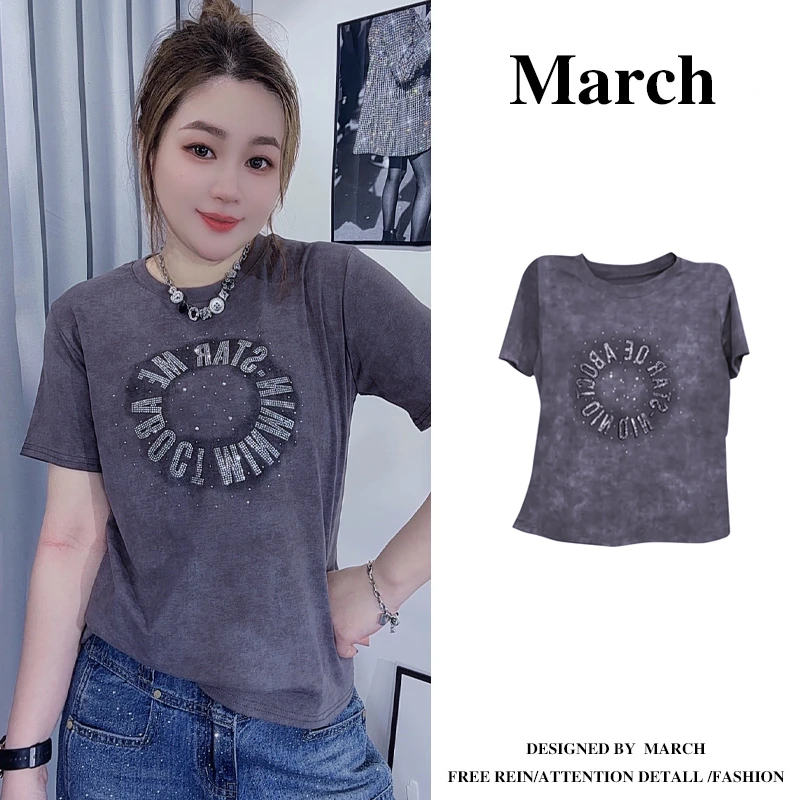 胖mm欧货烫钻字母短袖t恤女2025夏季宽松时尚夏天正肩上衣-11198