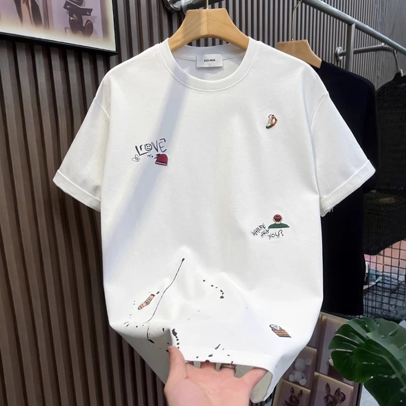 港风潮牌ins上衣圆领男士短袖T恤夏季时尚刺绣宽松打底半袖体恤衫