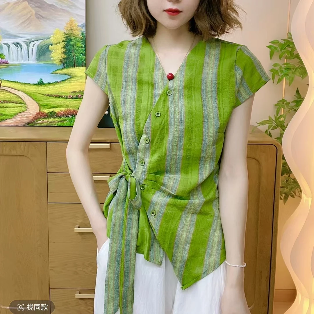 夏季新款休闲洋气短袖气质百搭V领显瘦开衫扣上衣小衫