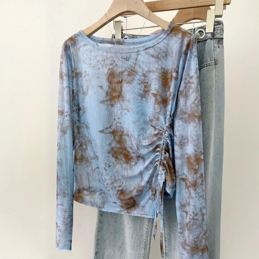 大码扎染透气网纱防晒衫夏季薄款长袖罩衫女设计感抽绳显瘦T恤女