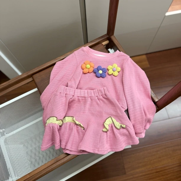 【编号N861】8725-09-儿童三朵花长袖短裙套装梅粉-MKCCOLan