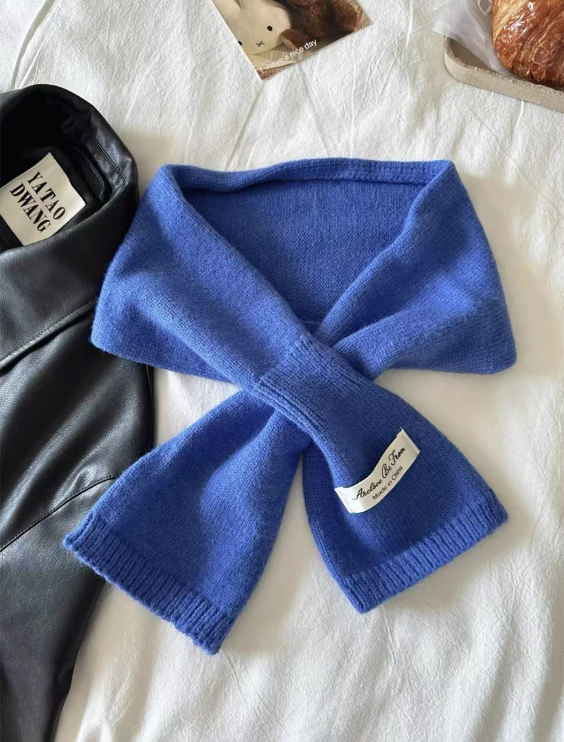 日系新款穿洞针织围脖秋冬纯色百搭保暖交叉毛线小围巾短款男女