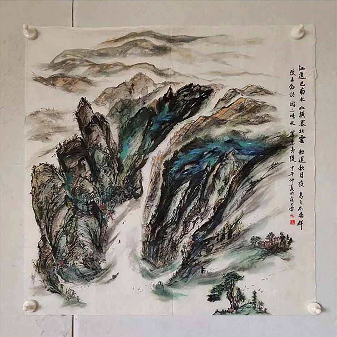 4063 纯手绘老字画《江送巴南》斗方  尺寸 68×68