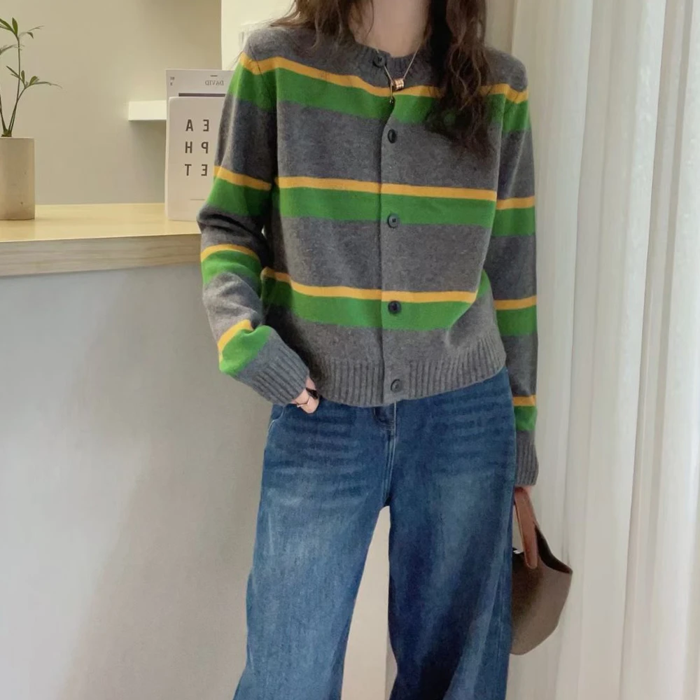 拼色复古条纹圆领开衫毛衣外套女秋冬新款保暖宽松休闲减龄针织衫