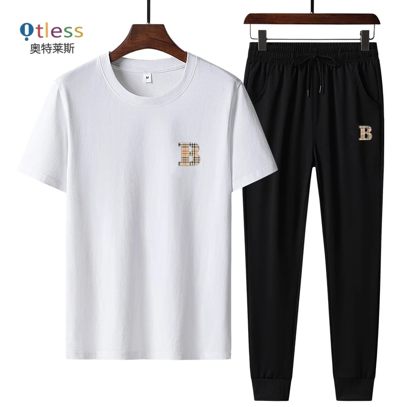 OTLESS/奥特莱斯夏季速干冰丝套装运动休闲透气印花长短套装圆领