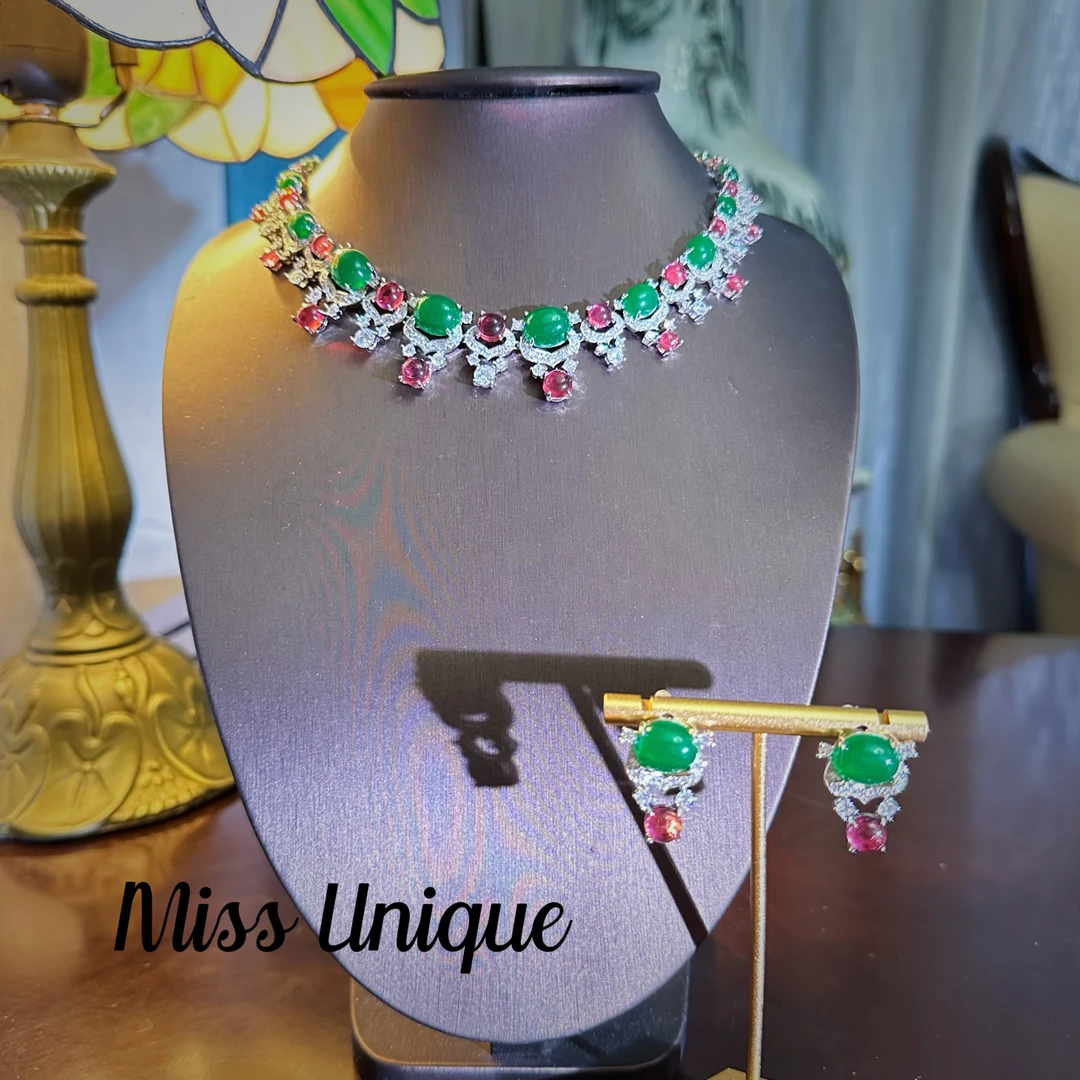 S6025外贸高珠系列绿石石红绿拼接项链套装