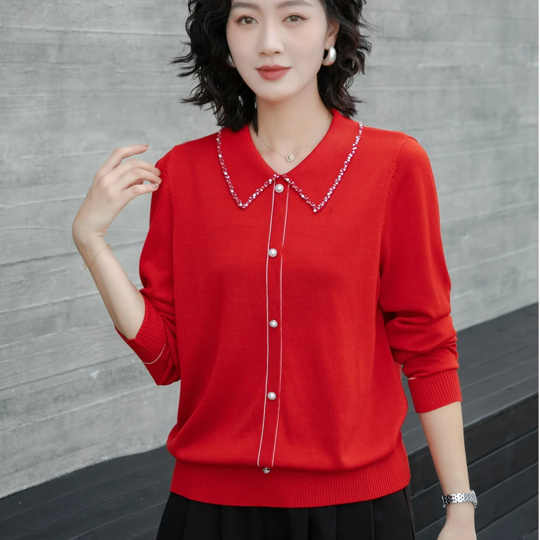 韩衣奇迹薄款天丝网红翻领大码订珠毛衣老钱风松弛感女装贵气上衣