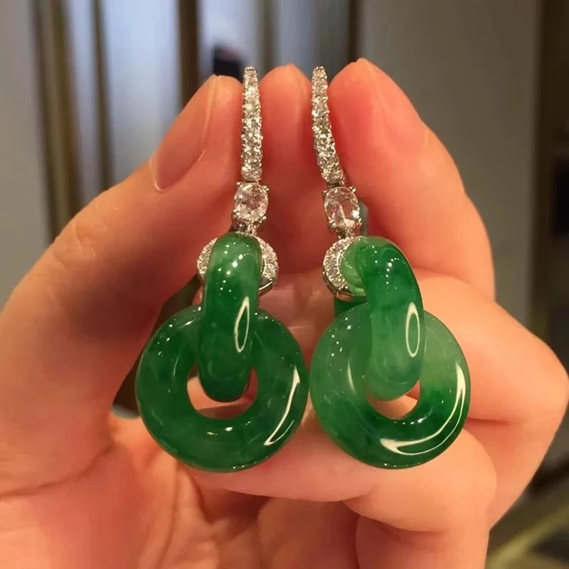 铜合金耳饰 绿色石耳环新中式女镶嵌华丽高贵中国风高级感氛围感