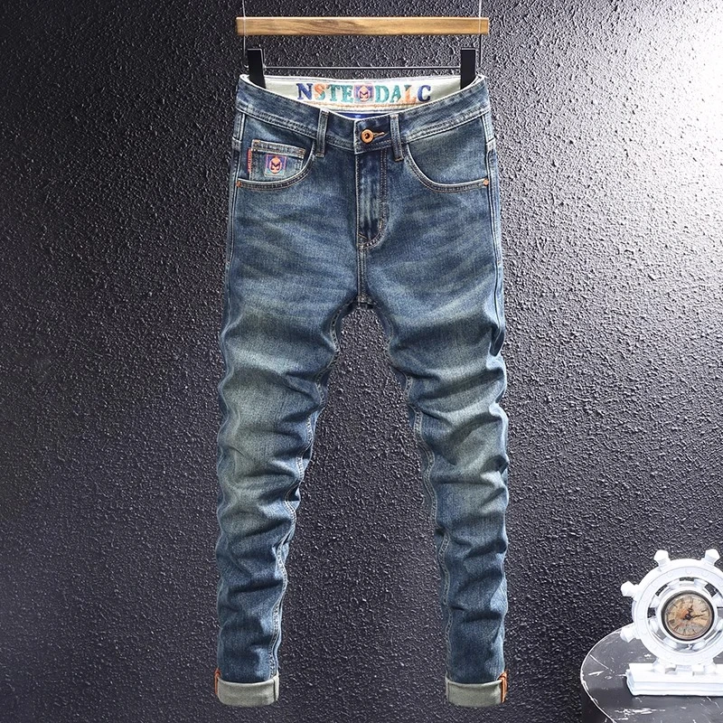 Cebrodz高街潮牌做旧牛仔裤男磨白夏季新款百搭修身弹力小脚裤子