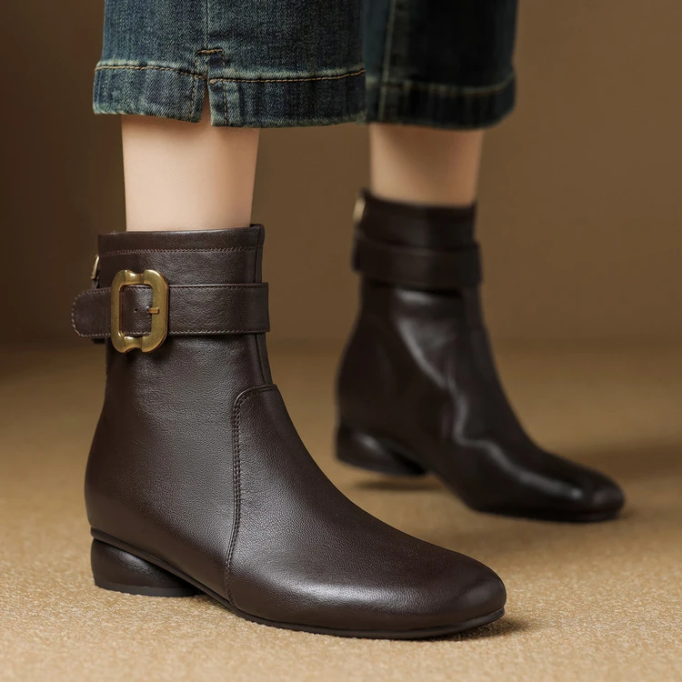 3.5cm~法式复古真皮粗跟短靴女2025秋冬新款气质百搭通勤及踝靴女