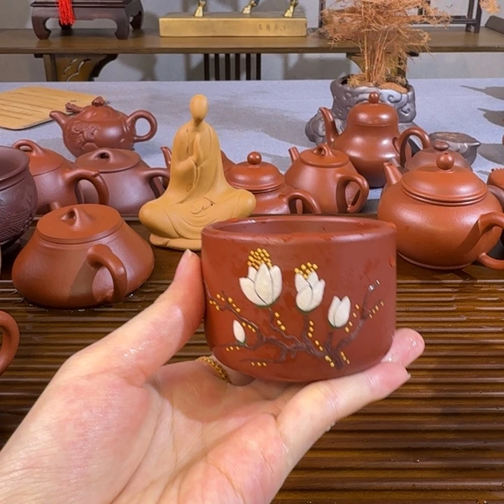 茶壶紫砂双层杯玉兰花朱泥