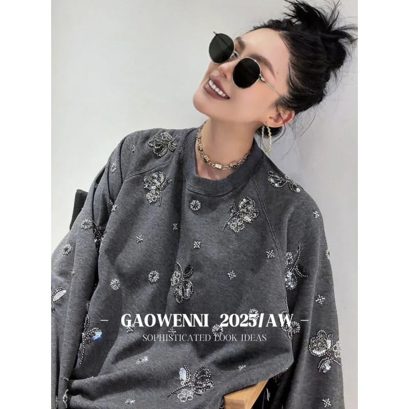 高温妮【有钱花】老钱风小众设计重工钉珠廓形长袖卫衣休闲5e52649