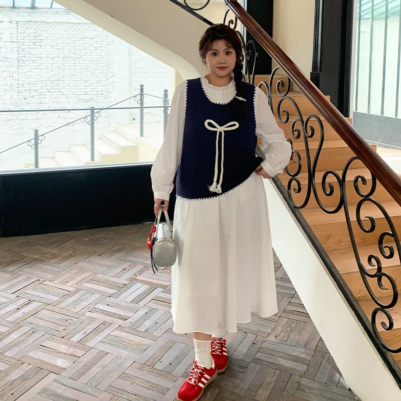 YUZI/鱼子韩系蝴蝶结马甲大码微胖mm遮肉显瘦洋气上衣叠穿马夹