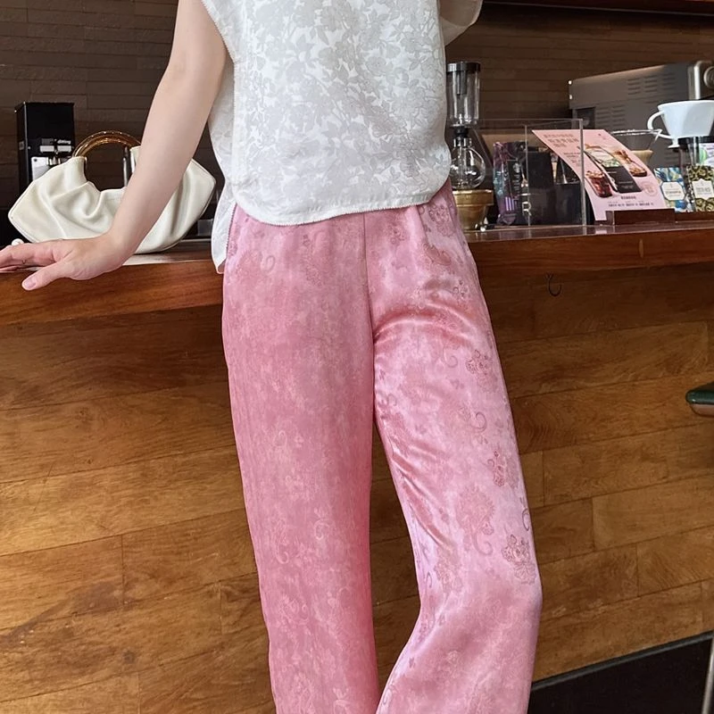 【深圳罗依】原创真丝休闲裤女桑蚕丝提花松紧腰长裤减龄宽松直筒裤