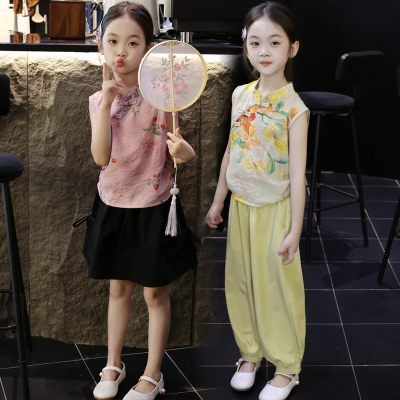 女童新中式娃娃衫套装2025新款儿童女孩夏装旗袍夏季国风上衣薄款