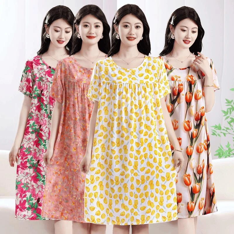 中老年妈妈夏季睡裙女中长款棉绸连衣裙人造棉宽松睡衣短袖家居服