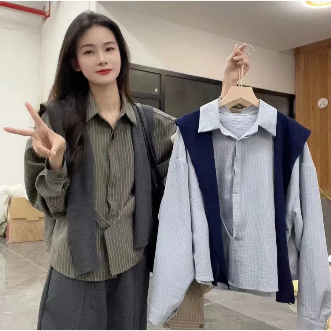 欧货条纹不规则衬衫披肩两件套女2025早秋新款小众设计感气质上衣