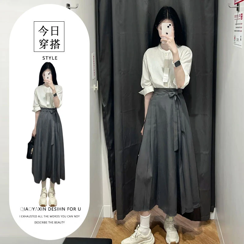 夏日穿搭小个子独特漂亮茶里茶气别致白色衬衫灰色系带半身裙套装